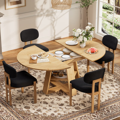 Multi-Functional 43.3"-59" Extendable Dining Set With Storage Shelf And Chenille Fabric Chairs, Space-Saving Family Dining Table Set