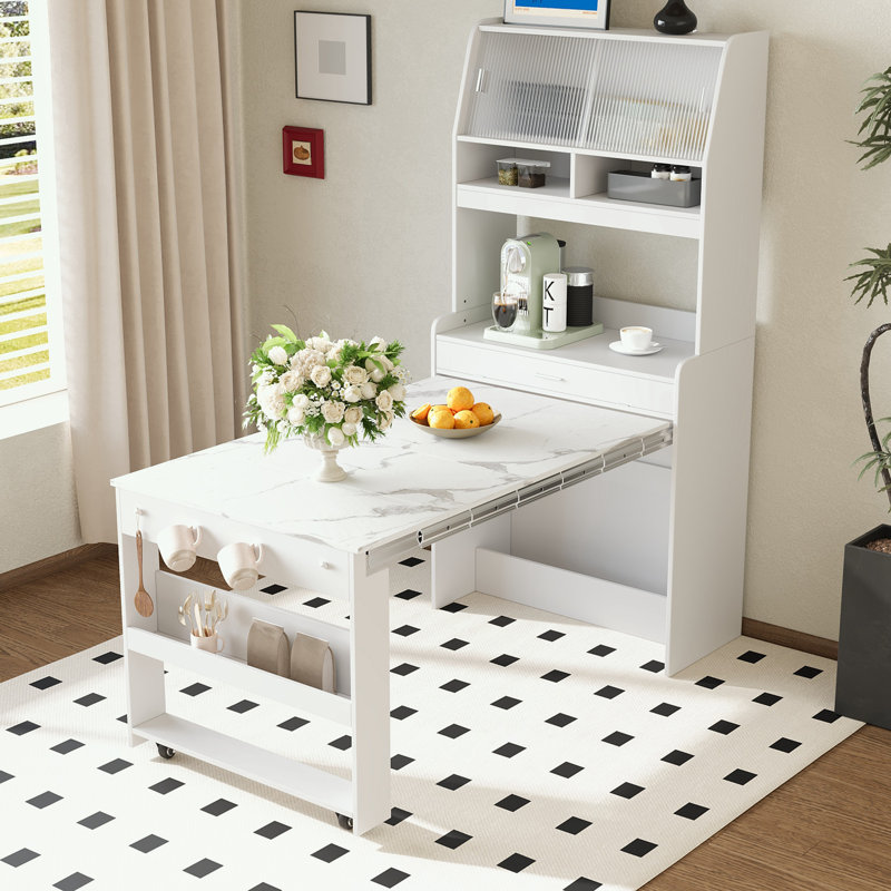 Armoire de cuisine avec huche et table de salle à manger pliable, Blanc