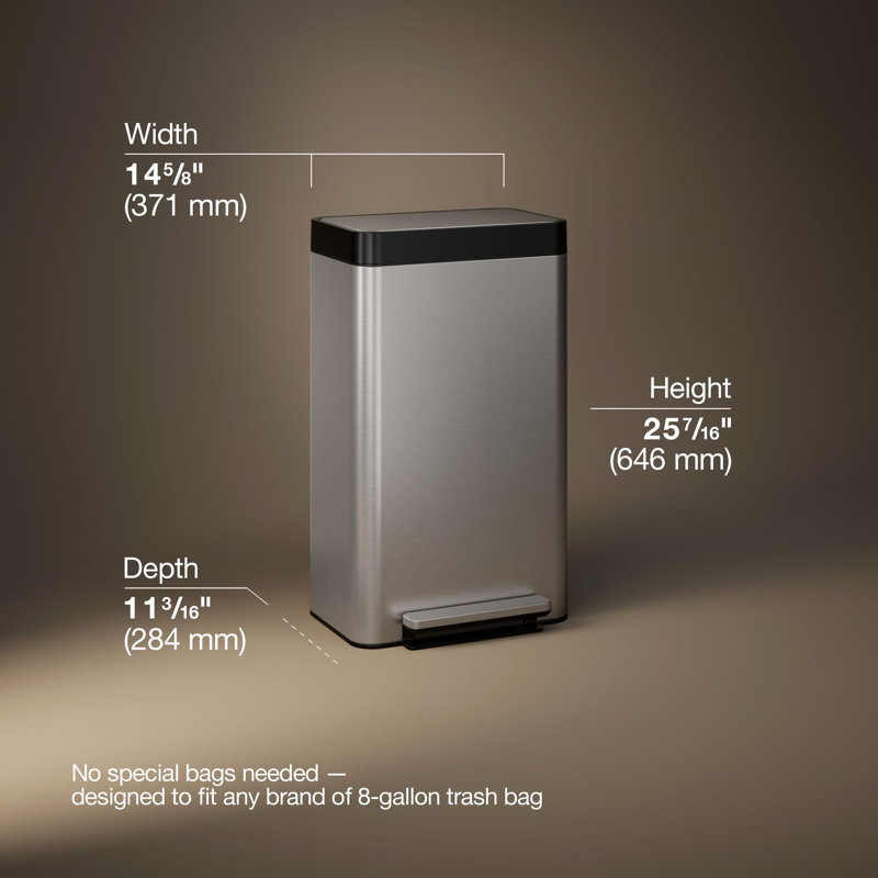 Reset 8 Gallon Kitchen Trash Can, Stainless Steel Hand Free Step Trash Can with Quiet-Close Lid, Stainless Steel