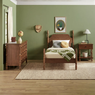 Solid Wood 3-Piece Spindle Vivienne  Bed With Walker Edison Easy Assembly 1-Drawer Nightstand And 6-Drawer Dresser