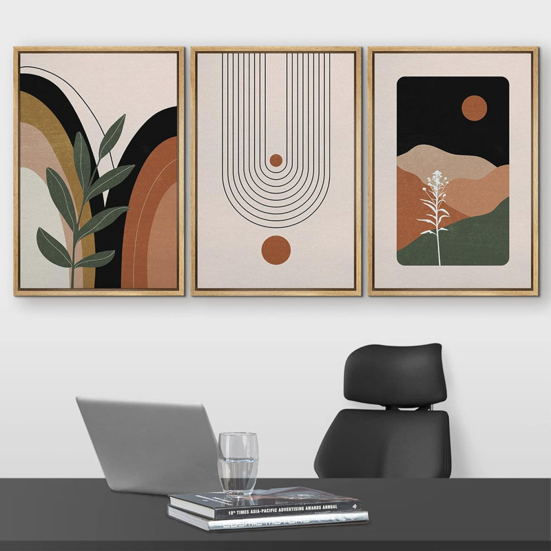 Bohemian-style plants " Brown Plant and Polygon Variety Abstract Shapes Illustrations Mid Century Modern Art Boho Colorful " 3 Piece Art Set