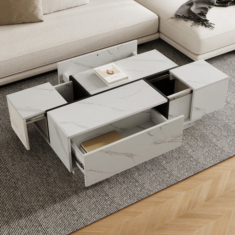 Table basse rectangulaire à plateau coulissant avec 2 tiroirs et 2 rangements cachés