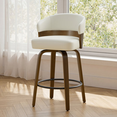 Mid-Century Modern Walnut Bentwood Swivel Bar Stool With Thick Cushioned Seat & 350 Lbs Capacity