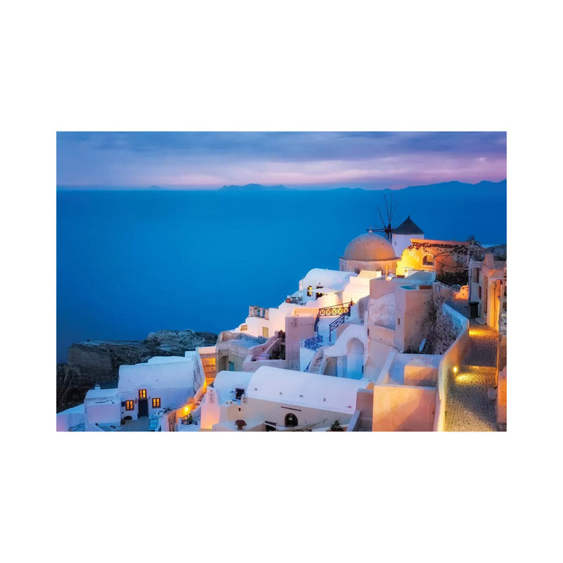 Europe, Greece, Santorini, Oia. Sunset On Coastal Town. by Jaynes Gallery - Wrapped Canvas Print