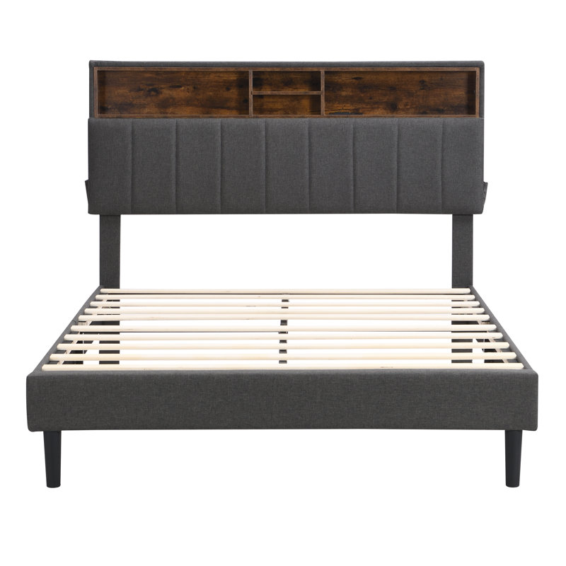  Upholstered Platform Bed with Storage Headboard and USB Port, Modern and Practical Linen Fabric Bed