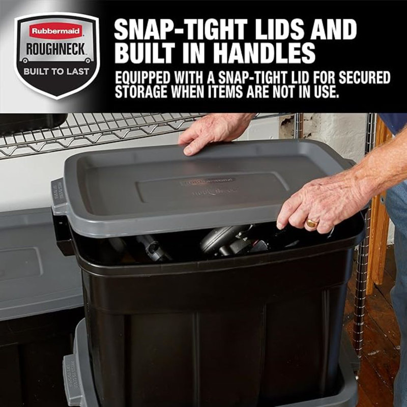 Bacs de rangement 18 gallons avec couvercles Rubbermaid Roughneck, paquet de 6, noir et gris