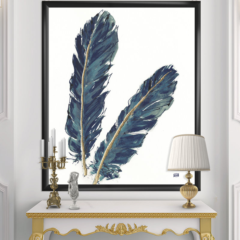 « gold indigo plumes iv »-cadre photo sur toile, Cadre noir, H 46 po x l 36 po x P 1,5 po
