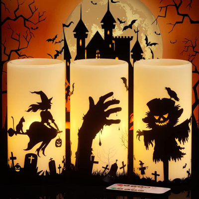 Bougies d'Halloween sans flamme scintillantes avec sorcière, épouvantail, décalcomanies à la main avec minuterie à distance, bougies d'Halloween DEL effrayantes à cire véritable Halloween (3 po x 6 po, ensemble de 3)