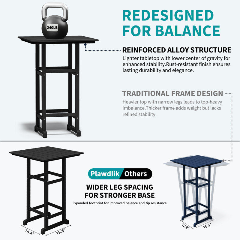 All-Weather HDPE Outdoor Bar Table – 42" Tall Square Patio Pub Table with Footrest, Weather-Resistant Faux Wood Grain Finish, Indoor/Outdoor Use – Black