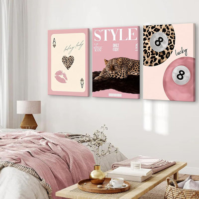 Set Of 3 Framed Trendy Pink Leopard Canvas Wall Art Funky Lucky 8 Ball Posters Prints Preppy Room Aesthetic Cheetah Wall Decor Pictures For Bedroom Apartment Dorm Decoration