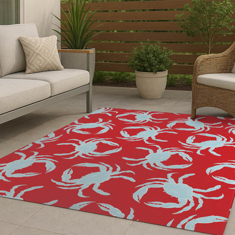 Tapis d'extérieur décoratif Crabby, Rouge, Rectangle 5 pi x 7 pi