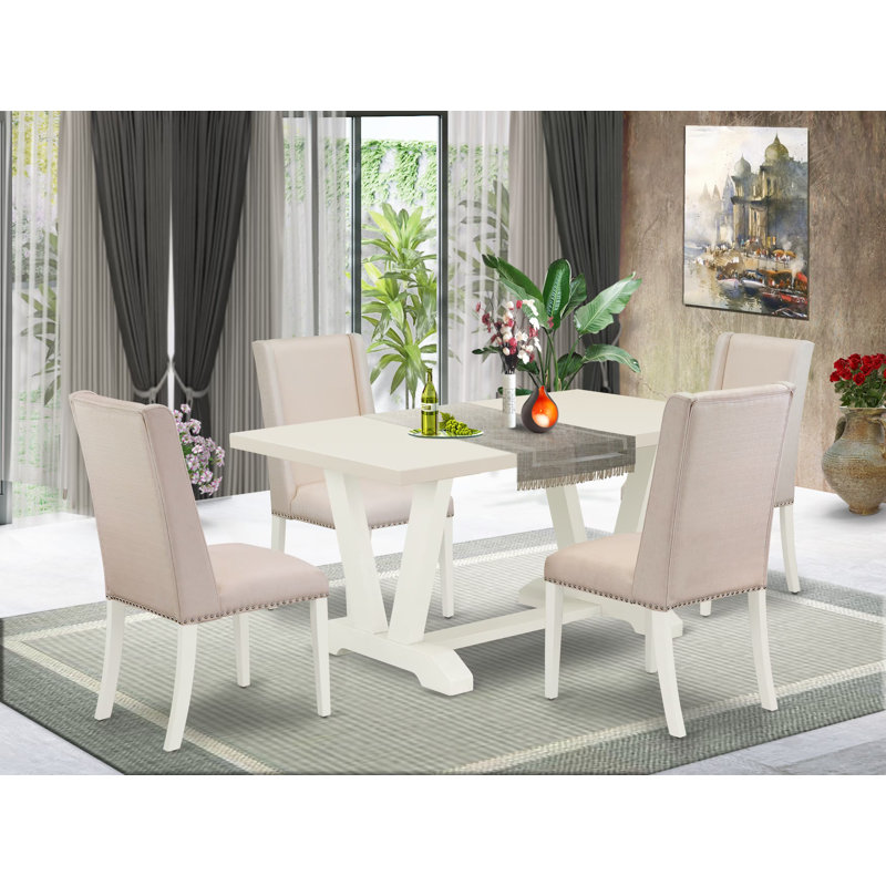 L'ensemble de table de cuisine 5 pièces pour 4 personnes comprend une table de salle à manger rectangulaire avec pieds en V et 4 chaises rembourrées en tissu crème, lin brossé blanc