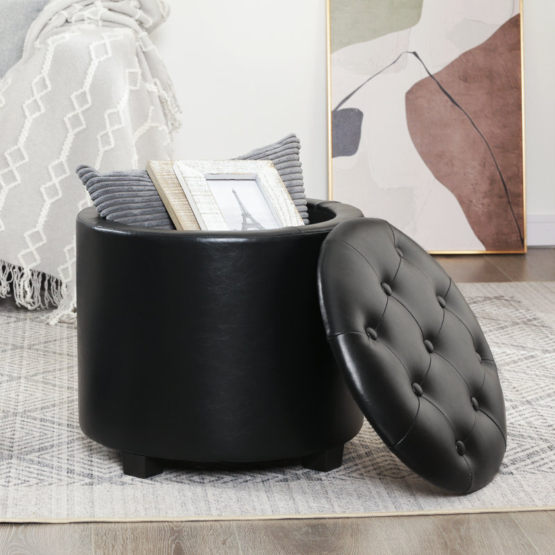 18" Round Faux Leather Storage Ottoman With Tufted Cushion, Black