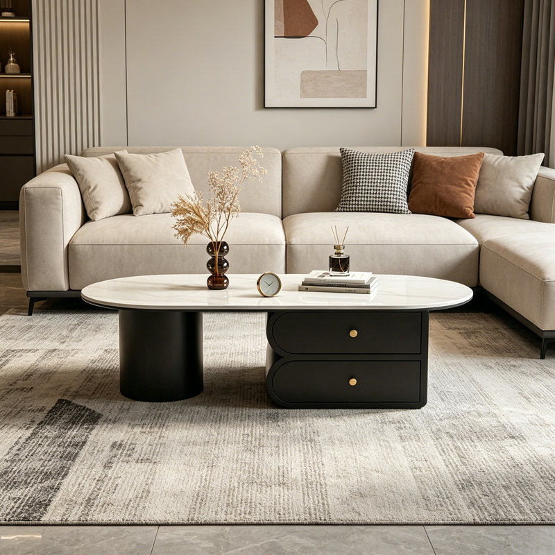 Table basse avec tiroir Luxury Rock, H 15,74 po x L 39,37 po x l 21,65 po, Blanc / Gris