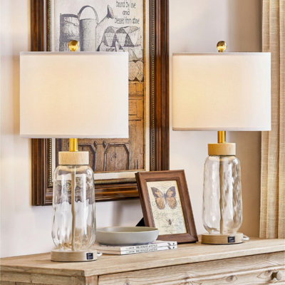 Ensemble de 2 lampes de table USB en verre martelé et bois de 61 cm (24 pouces), abat-jour cylindrique blanc à intensité variable, style ferme, pour chambre ou salon.