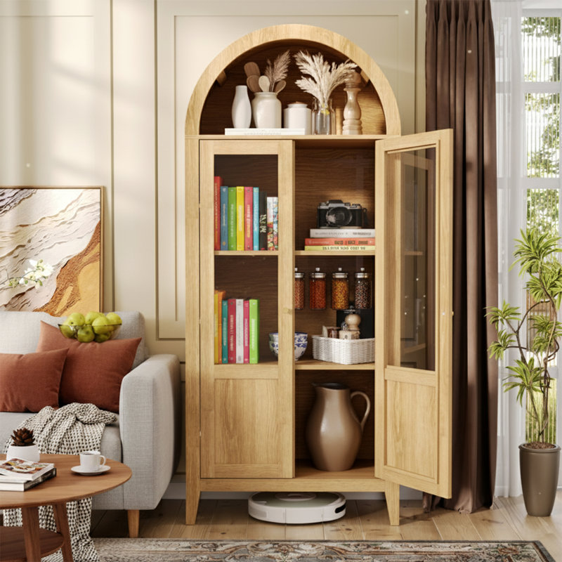 Garde-manger arqué 71 po avec portes en verre, rangement de style campagne moderne pour la cuisine, la salle à manger ou la salle de bain