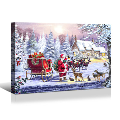 Toile encadrée, décoration de Noël, peinture de père Noël en traîneau avec des animaux mignons, cadeau de Noël, bureau, salle à manger, salon, salle de bain, décoration de chambre à coucher