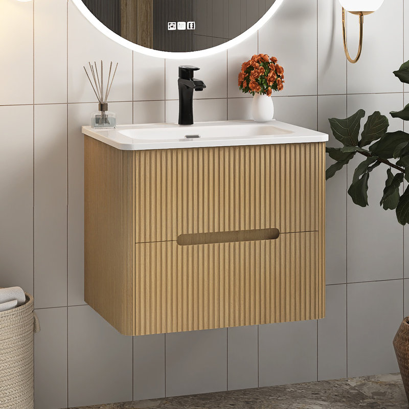 24'' Wall Mounted Single Bathroom Vanity With Ceramic Top, Light Oak