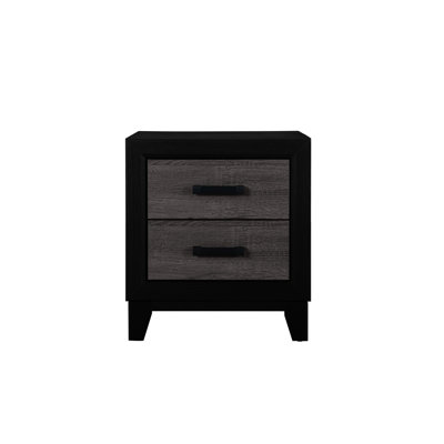Table de chevet gris foncé et noire avec 2 tiroirs de rangement, design urbain, incrustations de bois rustiques, tiroirs spacieux, quincaillerie métallique élégante, tissu en papier, panneaux de particules, largeur 40 cm, hauteur 60,5 cm.