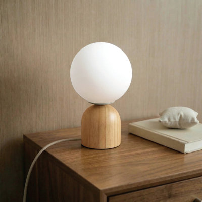 5.9" Opal Glass Globe Table Lamp With Ribbed Resin Base – Modern Accent Lamp With E12 Socket, Braided Cord, Dimmable Switch, Compact 150×175Mm Size