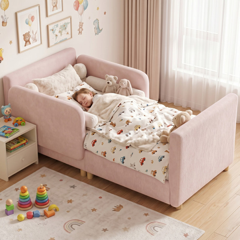 Structure de lit rembourré pour tout-petit 3 en 1, canapé-lit pour lit de bébé avec garde-corps amovibles, lit de bébé en chenille à profil bas avec support en lattes de bois massif