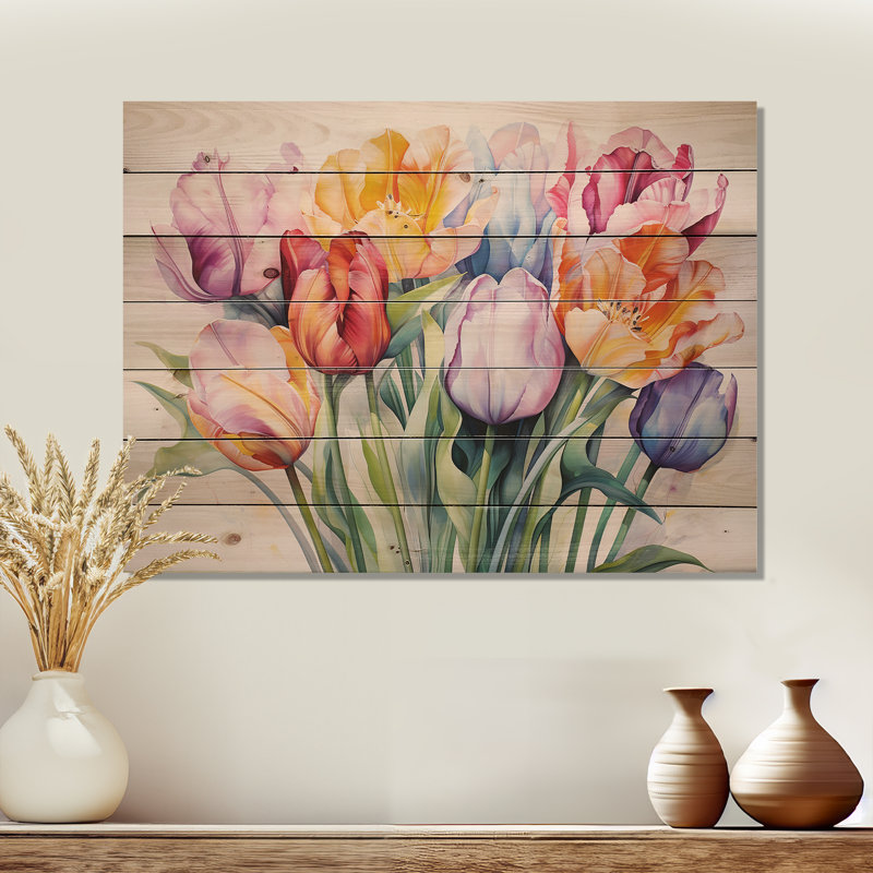 Collage de tulipes multicolores peintes - panneau de tulipes en bois sur bois de pin naturel, H 10 po x l 20 po