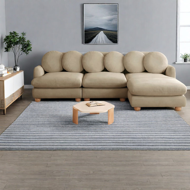 Canapé d'angle à compression, canapé 4 places en chenille avec pouf, canapé moderne à structure en bois, Beige 2