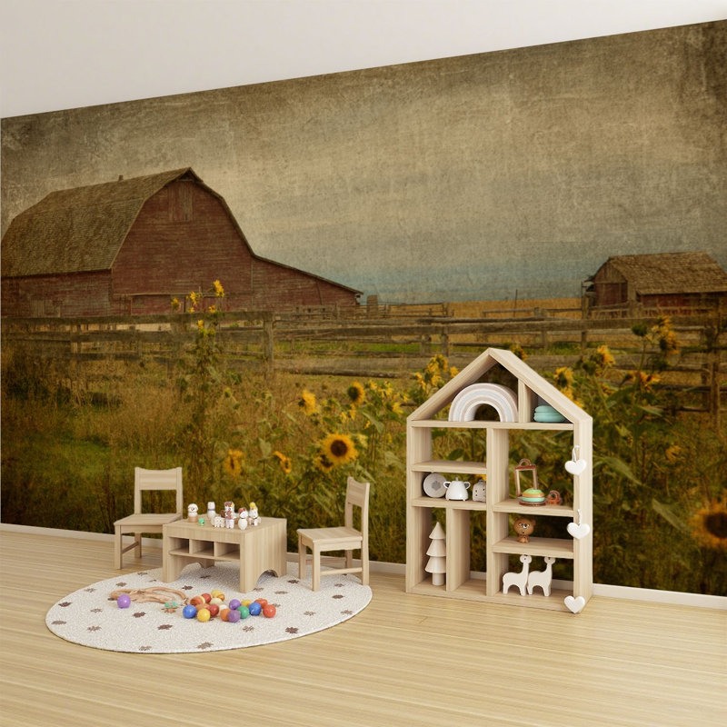 Papier peint adhésif peler et coller Twilight Farm Scene Barn Swaying Sunflowers, L 144 po x l 100 po