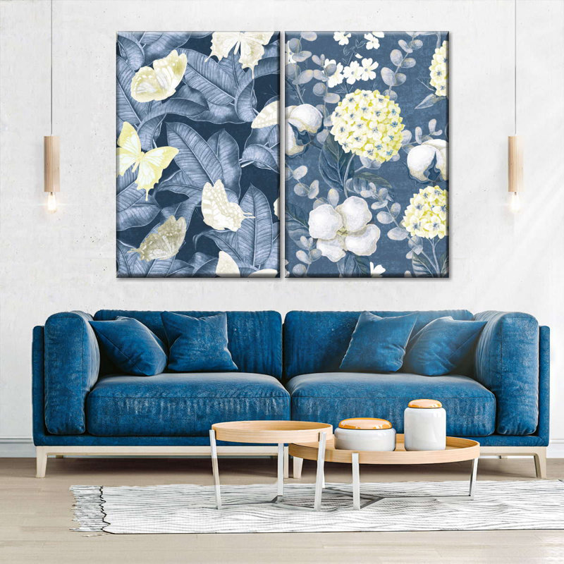Motif botanique bleu, reproduction sur toile, H 42 po x l 57 po x P 1,25 po