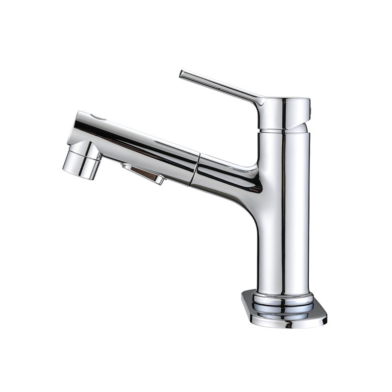 Robinet de lavabo de salle de bain avec poignée escamotable, style contemporain, poignée simple, 3 modes de jet, bonde escamotable et plaque de pont, options de corps en acier inoxydable, bouchon
