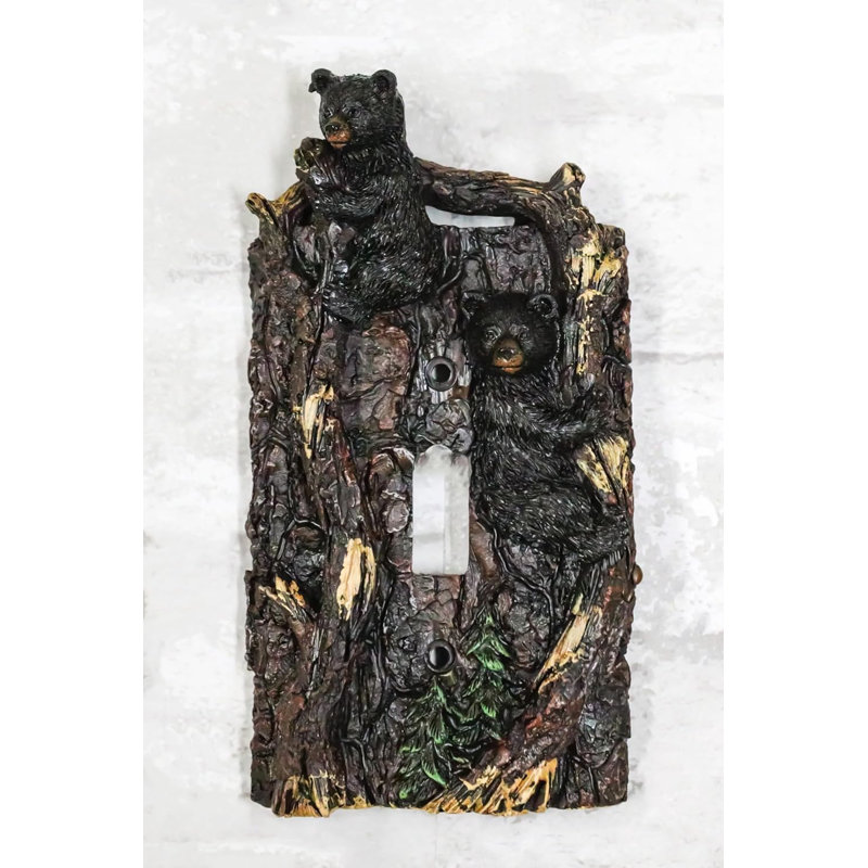 Set Of 2 Rustic Forest Black Bears Climbing Tree Single Toggle Switch Covers
