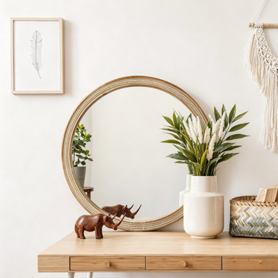 Miroir mural rond de 23,62 po Boho, cadre en bois synthétique texturé en rotin tissé, miroir d'appoint de ferme pour meuble-lavabo, vestibule et salon, fixation murale facile