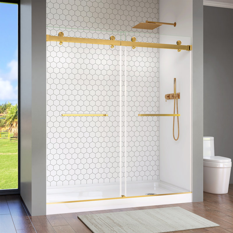 Portes de douche et de baignoire Porte de douche coulissante double sans cadre l 56 "- l 60" x H 76 " , Or brossé