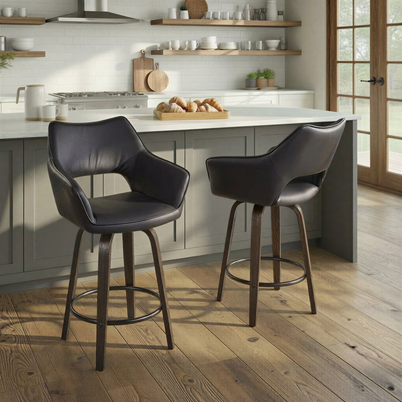 Sarah Fixed-Height Faux Leather Bar & Counter Stools with Bent Wood Legs & Round Footrest, Counter Stool (26" Seat Height)