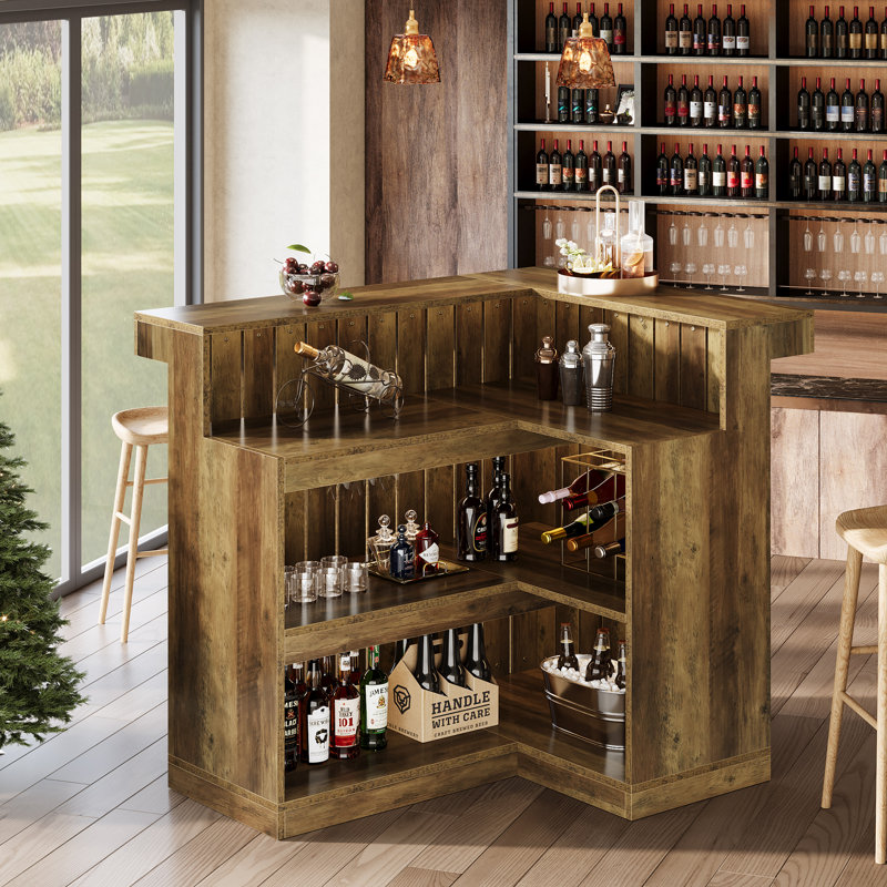 Home Corner Bar Cabinet,L-Shaped Liquor Bar Table, Brown