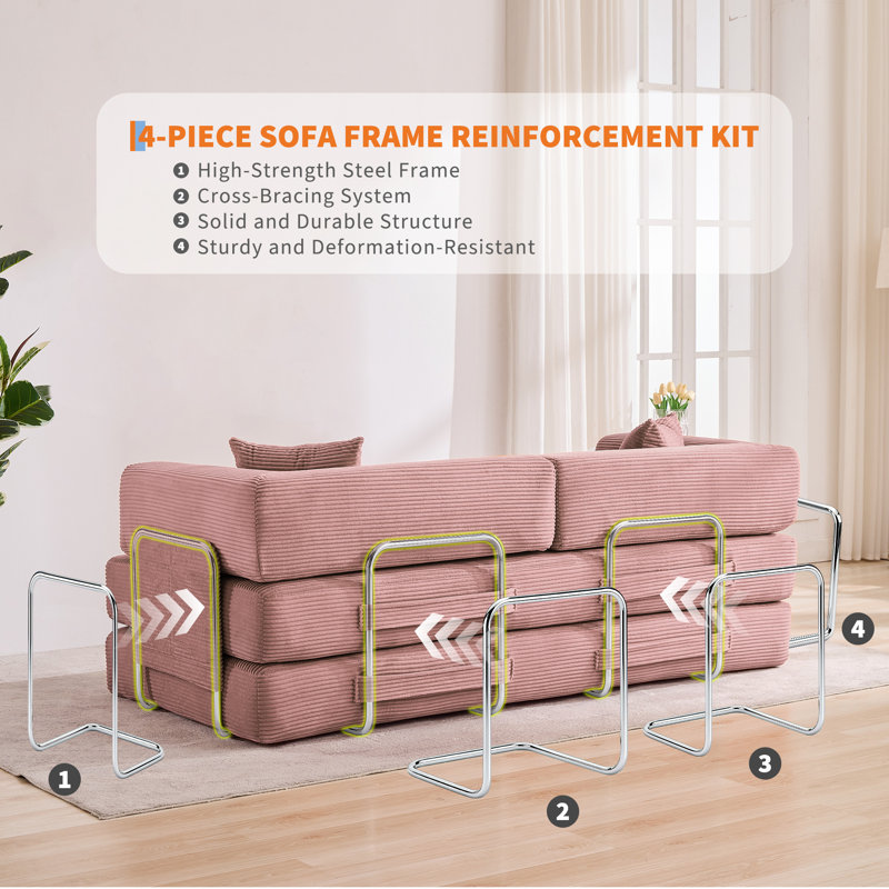 Canapé-lit convertible 5 en 1 - Canapé-lit pliant de 78,8 po avec structure robuste, revêtement en velours côtelé doux et 2 coussins, sans assemblage, futon multifonctionnel pour le salon, velours côtelé | Rose