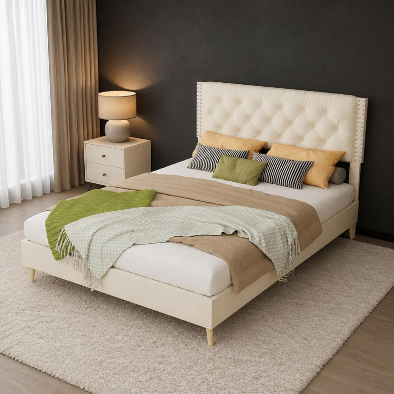 Upholstered Full Size Bed Frame with Tufted Padded Headboard, Stable Durable Noise-Free Velvet Bed Frame
