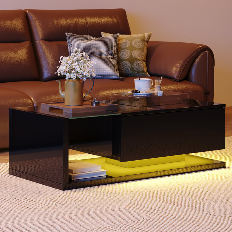 Modern High Gloss Coffee Table With LED Lights, Black 2-Tier Rectangular Table With Drawer, Center Table For Living Room, Black