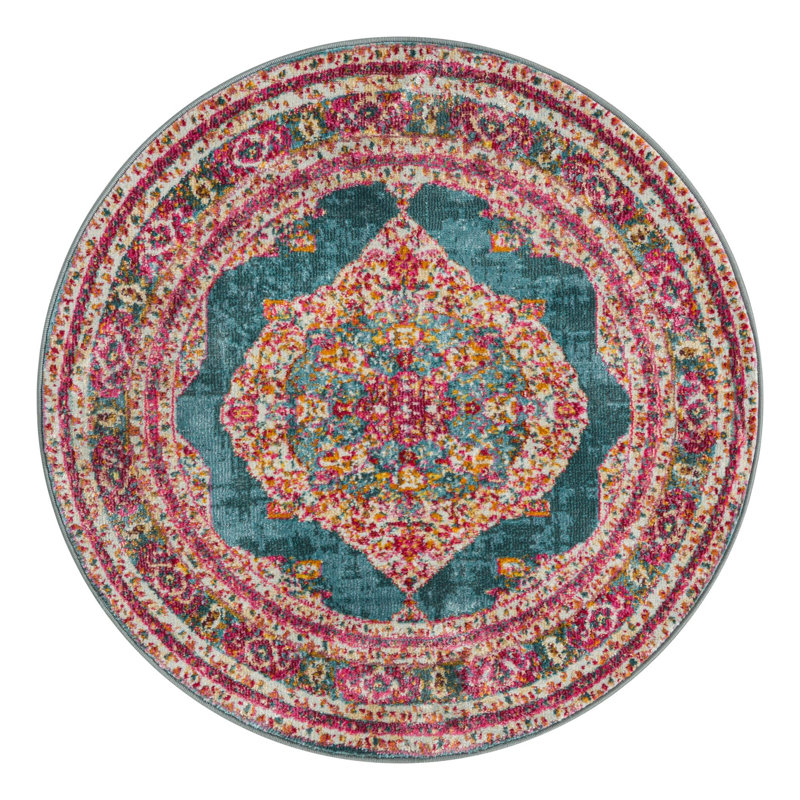Tapis à motif oriental turquoise Folmar, Rond 8 pi