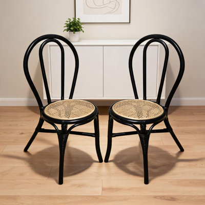Ensemble de 2 chaises d'appoint de salle à manger en rotin naturel tissé compact, noir mat pour un usage domestique