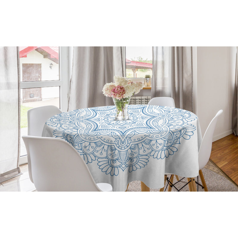Ambesonne Blue Mandala Round Tablecloth, Flowers Intertwined Romantic Lace Look Folkloric Monochrome Motif, Circle Table Cloth Cover For Dining Room Kitchen Decoration, 60", Sea Blue And White