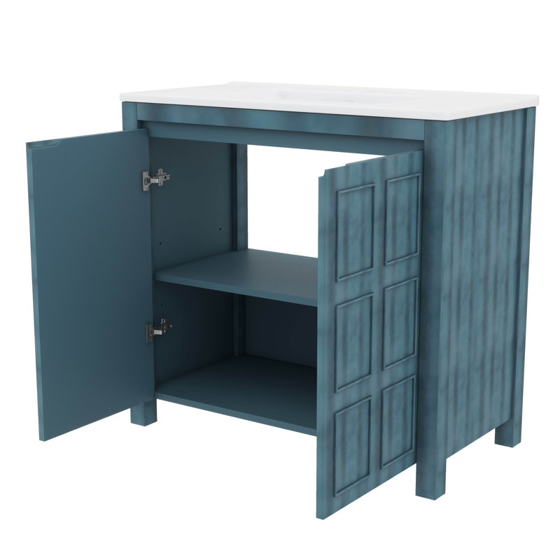Meuble-lavabo 36 po, meuble-lavabo de ferme avec lavabo en céramique, ensemble de rangement pour salle de bain, Bleu rétro