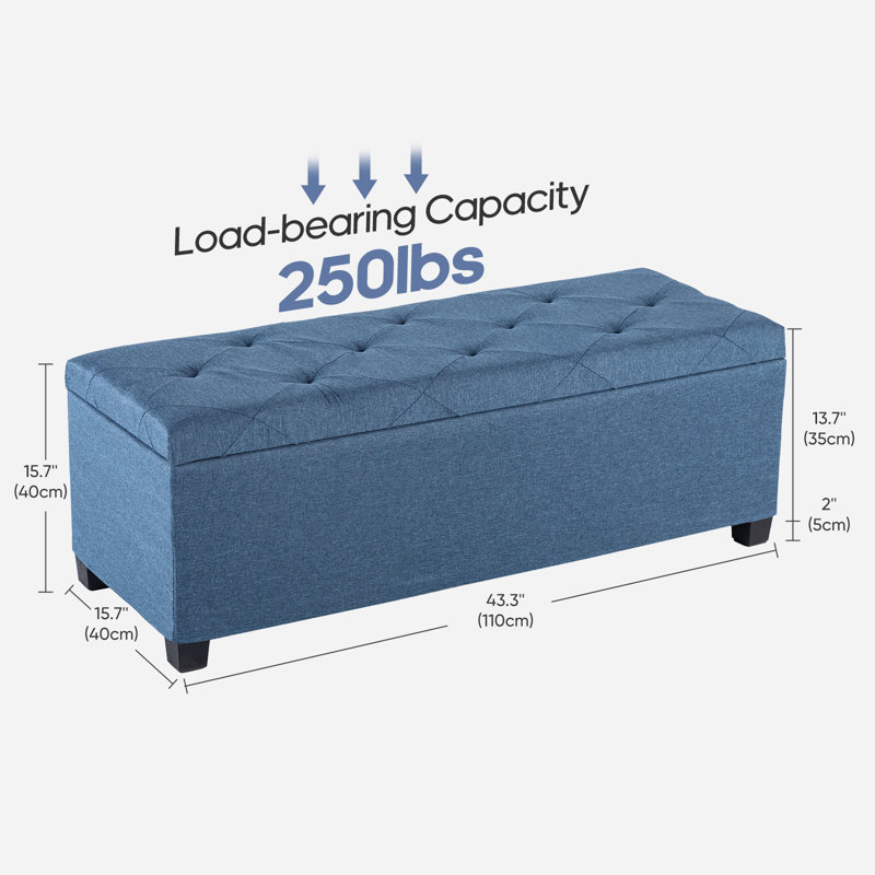 43.3" Tufted Storage Ottoman with Iron Frame, Faux Linen Bed End Bench with Metal Corner Protection, Blue