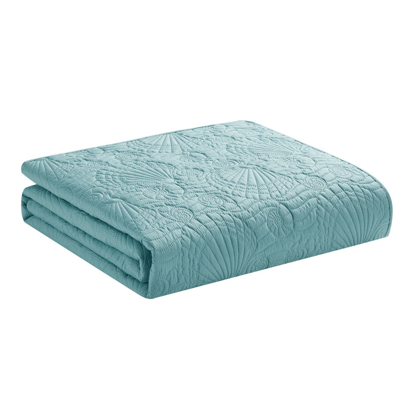 Ocean 3-Piece Solid Seashell Pinsonic Coastal Quilt Set, Queen Quilt + 2 Standard Shams, Seafoam