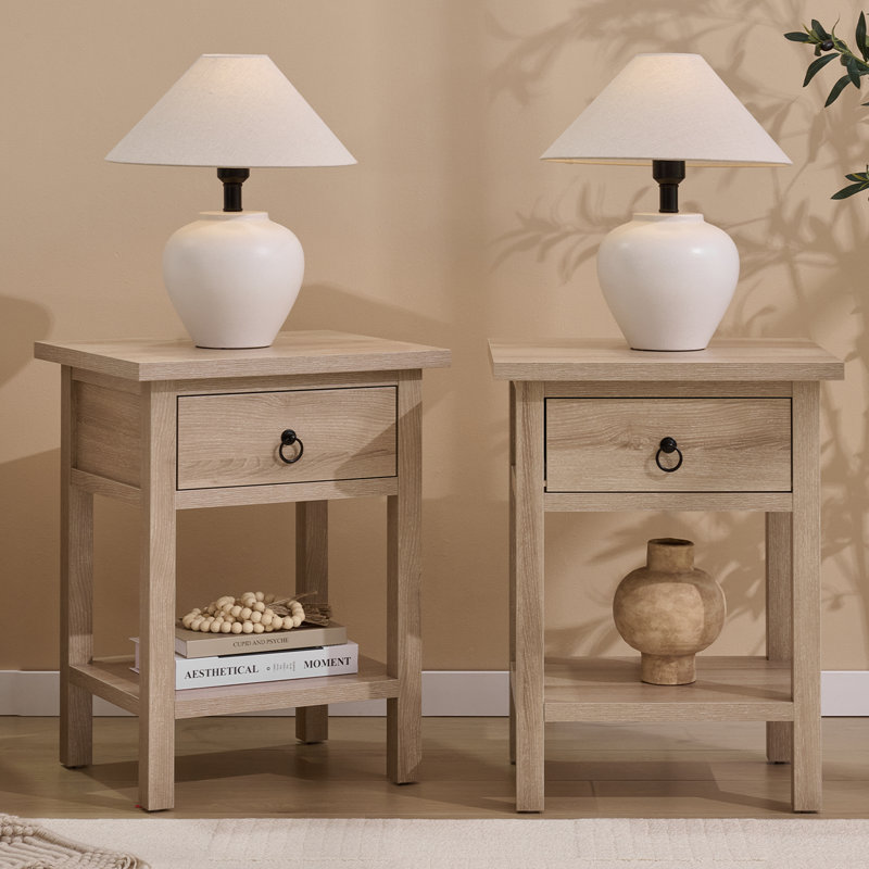 Farmhouse Nightstands Set Of 2, Modern End Tables With Open Shelf, Large Wooden Bedside Tables For Bedroom Or Living Room, Light Oak