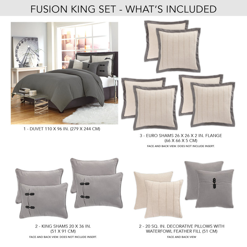 Fusion Duvet Set - Gray, King Duvet Cover + 5 Shams + 2 Throws Pillows