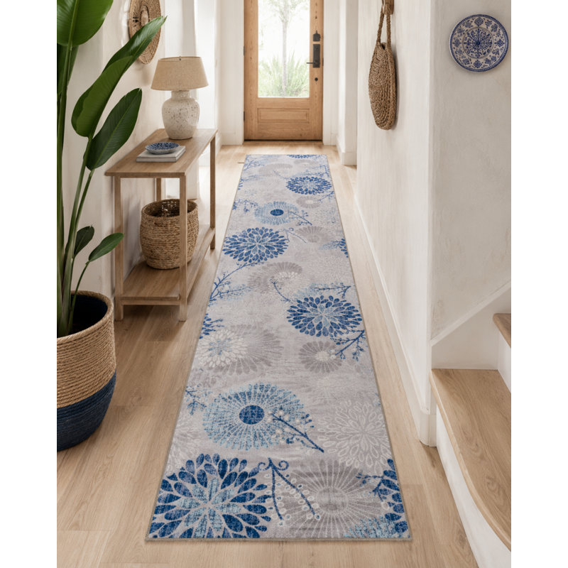 Tapis bleu lavé tissé coloré flocon de neige, Rectangle 4 pi x 6 pi