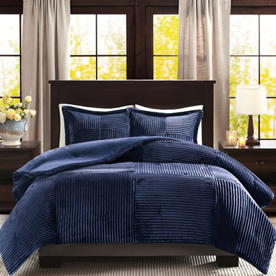 Full/Queen Size Comforter In Navy - , Ribbed Face, Solid Reverse, Machine Washable, Includes And Two Shams Navy, Content, Exterior, 1 2