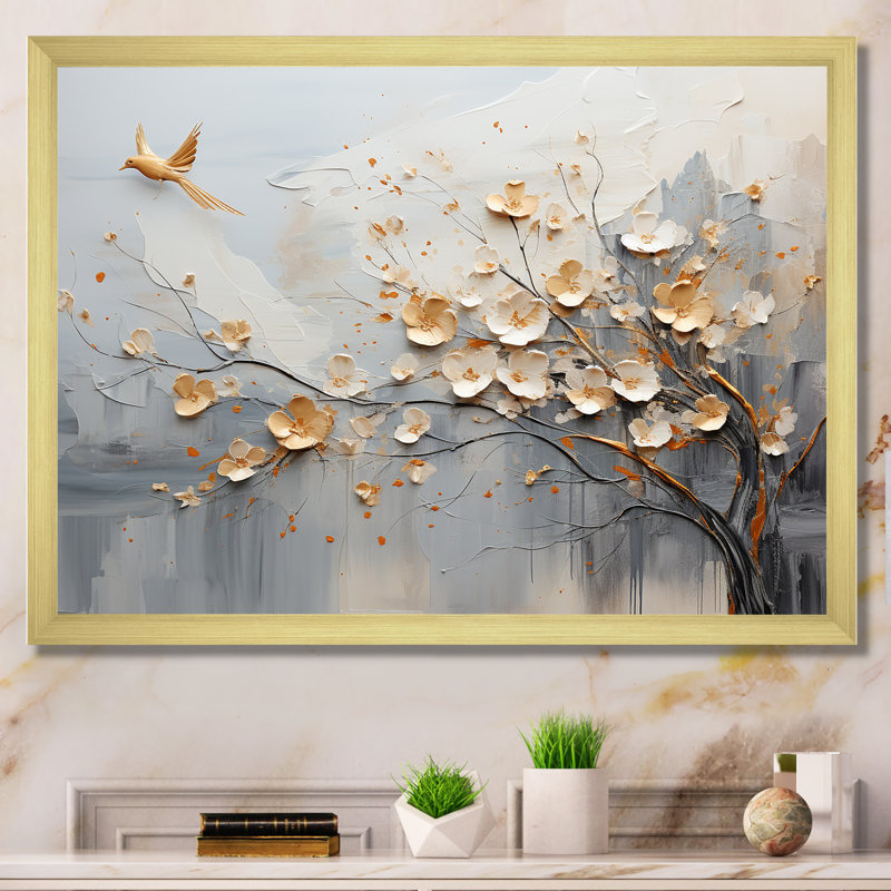 Art mural beige au Japon et arbre doré - formes abstraites, H 24 po x l 32 po x P 1 po, Cadre doré simple