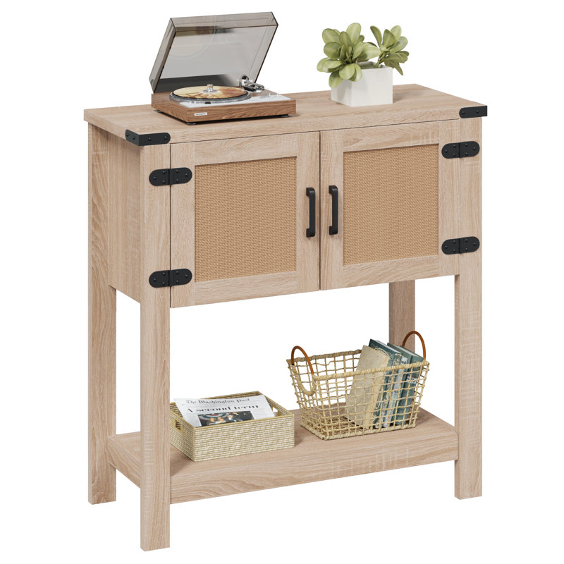 Farmhouse Console Table With Rattan Doors, Entryway Table With Storage Cabinet, Wooden Entry Table With Metal Handle For Kitchen, Hallway, Living Room